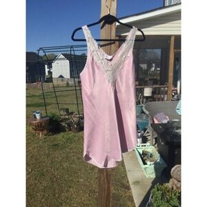 Vintage Womens Satin Slip Dress Pink Lace Nightie Chemise Lingerie Coquette Sz M